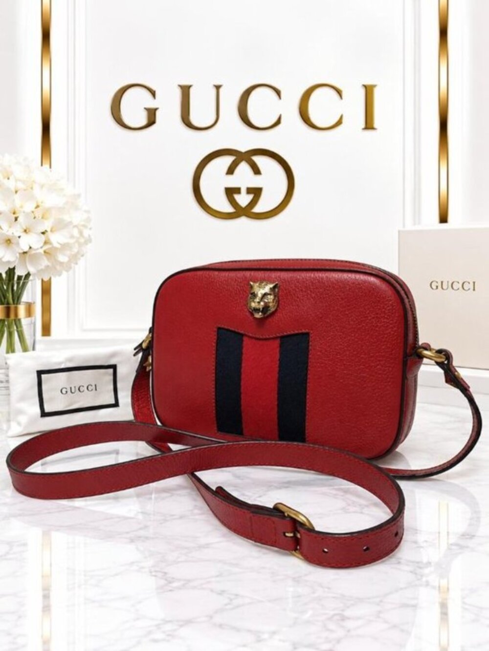 Authentic Gucci Rajah Red Leather Web Stripe Tiger Head Crossbody Camera Bag